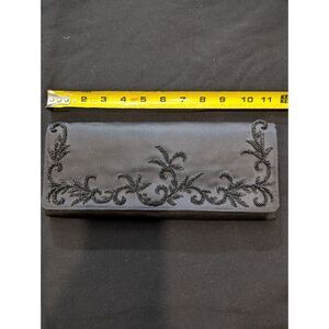 San San Hong Kong Black Beaded Satin Evening Clutch Purse Vintage 11x5